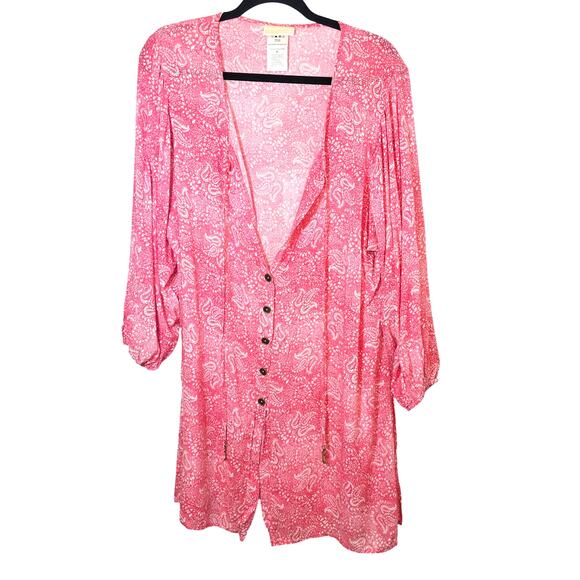 Michael Kors Pink Tunic Swim Cover-Up Size M Button-Front Paisley Rayon Beach - Picture 1 of 8